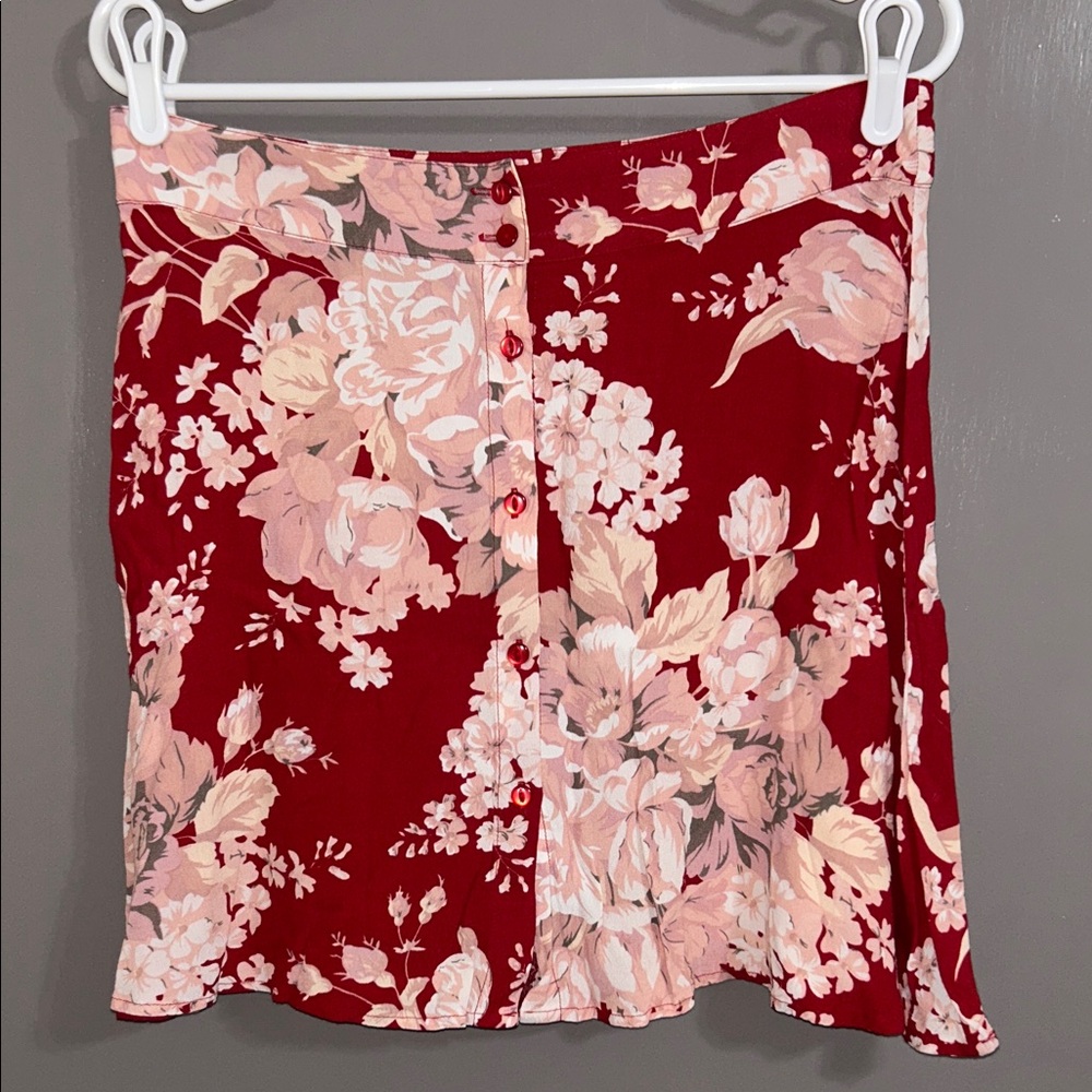 Urban Outfitters Red and Pink Floral Button-Front Mini Skirt Large